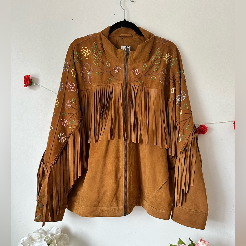 Free People Willa Western Bomber Brown Leather Jacket Fringe Embroidery L XL - Picture 8 of 11